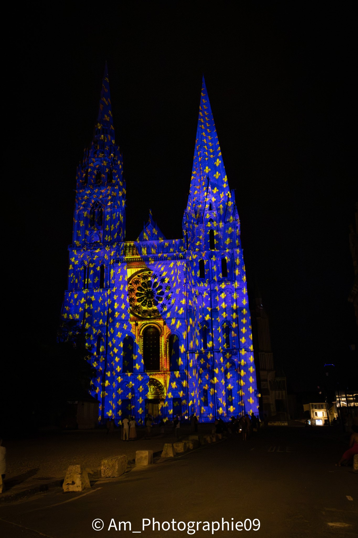 Façade de la cathédrale de Chartres illuminée aux fleurs de lys